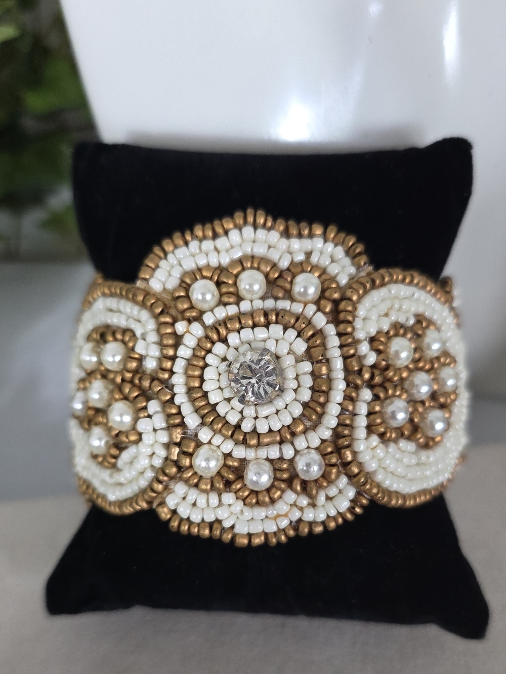 Beaded Open Cuff Bracelet - Gold & Cream with Faux Pearls & Center Crystal